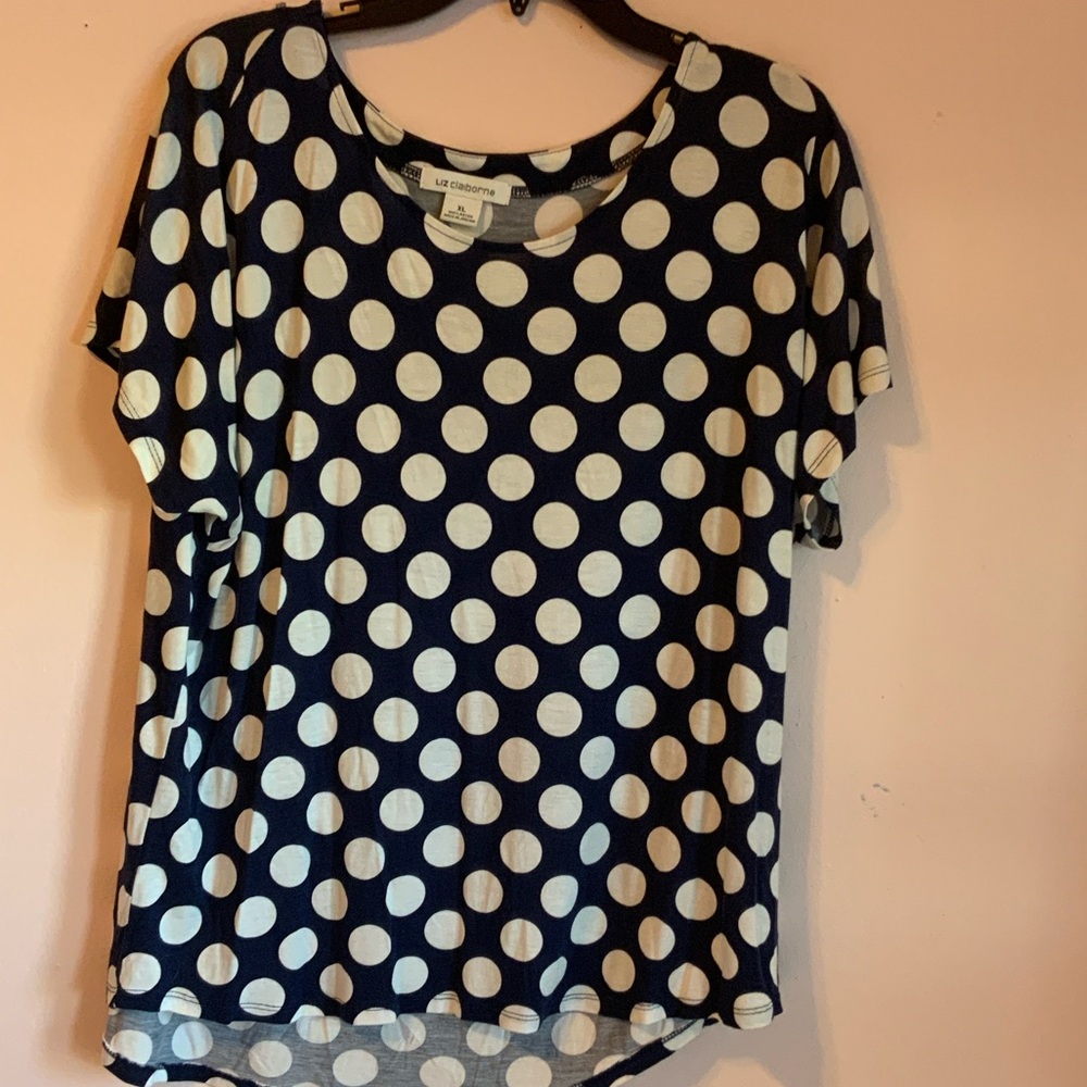 Liz Claiborne Navy and White Polka Dot Tee